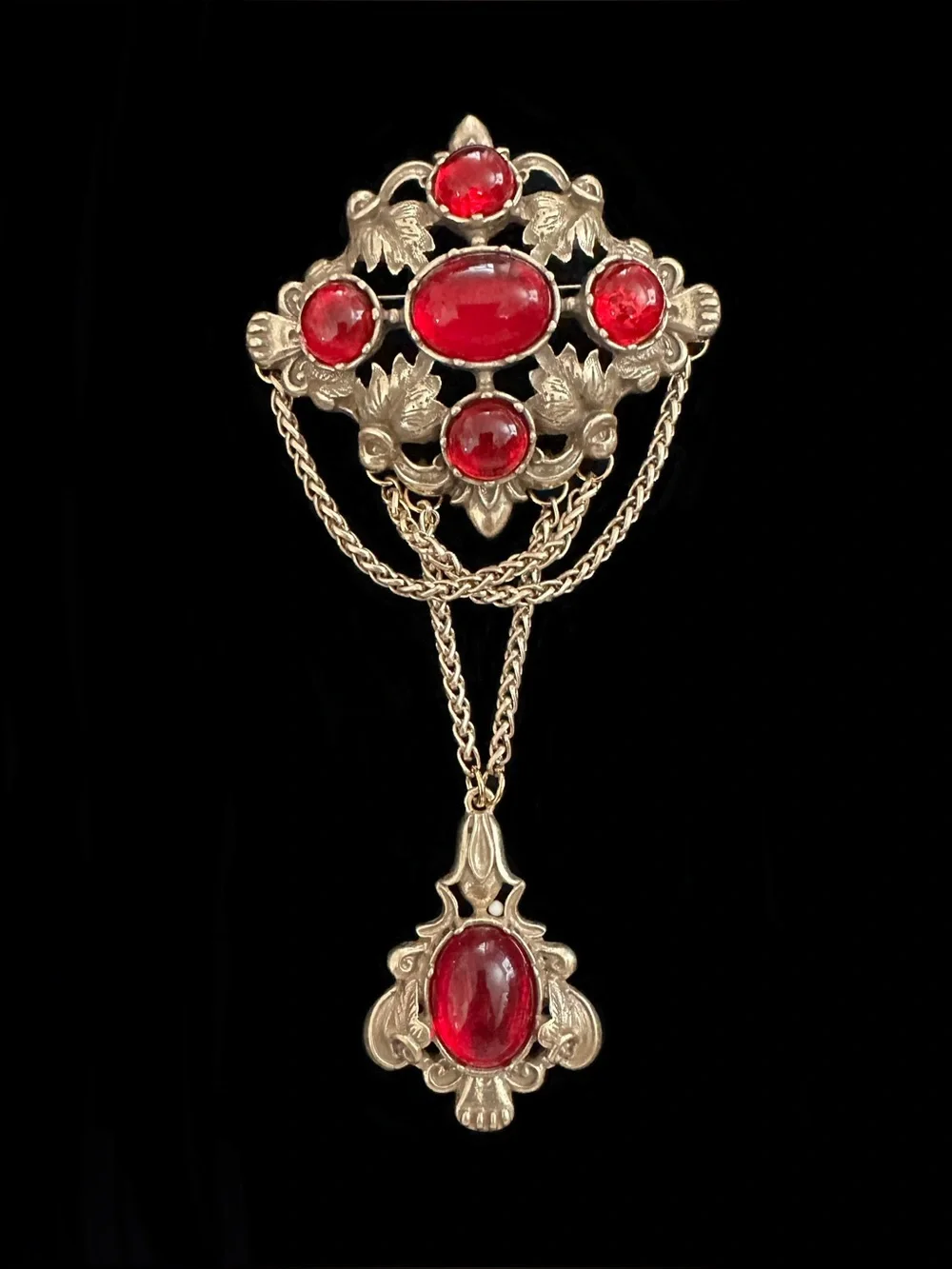 Red Glass Cabochon Drop Brooch Necklace - Women Jewelry